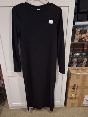 Maternity Long Black Ribbed Knit Dress with Long Sleeves